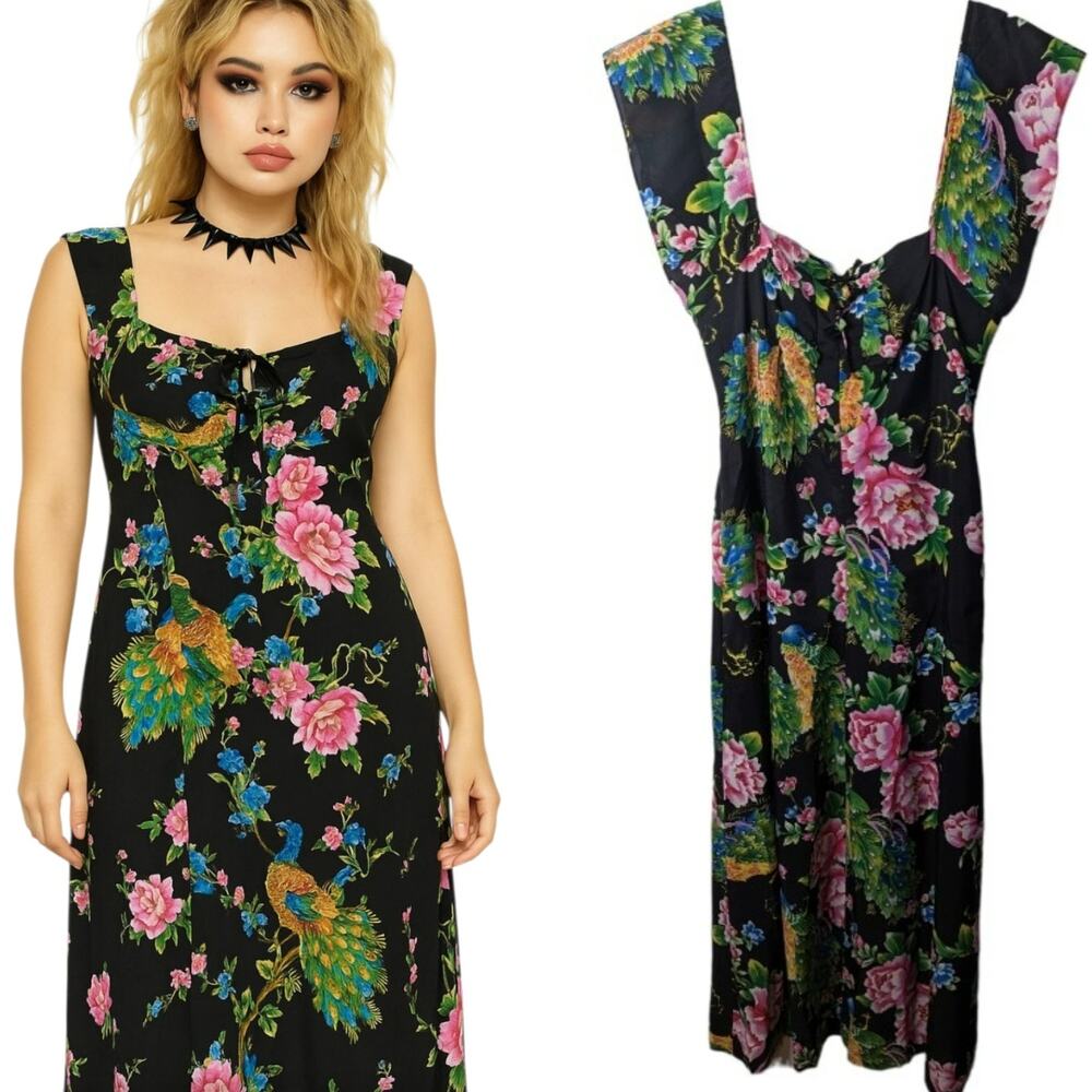 Vintage 60's Sears Hawaiian Fashions Floral Maxi Dress Lace Up Front Silky  SEE